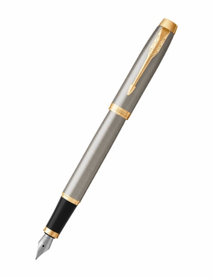 صورة اقلام حبر فضي اطار ذهبي (طقم)(باركر) PARKER IM Fountain Pen, Brushed Metal, Medium Nib 1931656M  