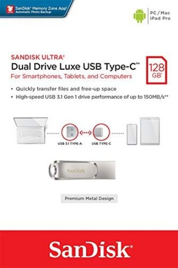 صورة فلاش دسك استيل مدخلين SANDISK ULTRA  DuaI Drive Luxe USB TYPe-C 128GB
